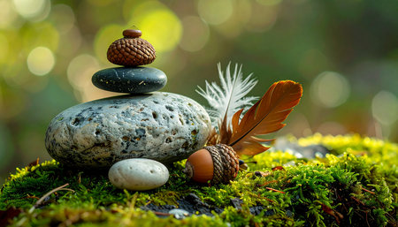 In a quiet corner of a sun-dappled forest, a carefully balanced stack of stones stands as a testament to patience and tranquility.の素材