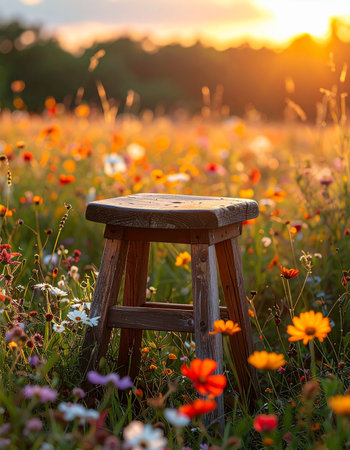 An old wooden stool sits empty in a vibrant meadow of wildflowers, bathed in the warm, golden light of a setting sun.の素材