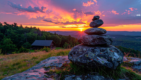 A stack of balanced stones, a cairn marking a tranquil summit, stands as a silent witness to a breathtaking sunset.の素材