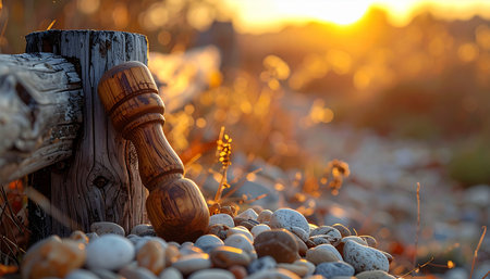 A beautifully handcrafted wooden pestle rests against a weathered post on a bed of smooth river stones.の素材