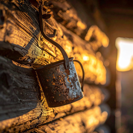 An old, rusty tin cup hangs from a forged hook on a rough log wall, bathed in the warm, flickering glow of a nearby fire.の素材