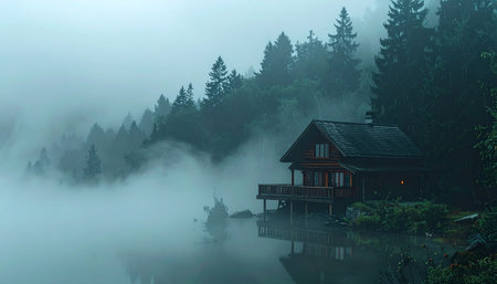 A secluded wooden cabin sits on the edge of a still lake, shrouded in a thick, mysterious morning fog.の素材