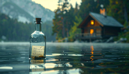 A lone bottle, carrying a secret message, drifts across the still, misty waters of a remote mountain lake at dawn.の素材