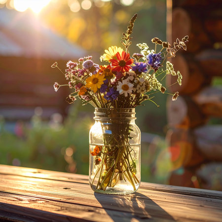 A freshly picked bouquet of colorful wildflowers rests in a simple mason jar, bathed in the warm, golden glow of the setting sun.の素材