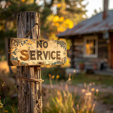A weathered, hand-painted 'No Service' sign hangs on a rustic wooden post, signaling a retreat from the digital world.の素材