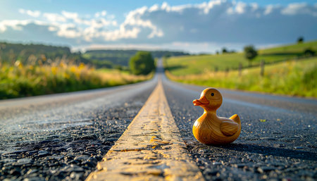 A small yellow rubber duck sits alone on the centerline of a vast, empty country road, poised for an unexpected adventure.の素材