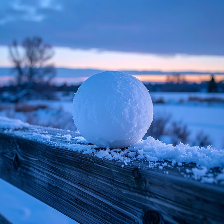 A perfectly formed snowball rests on a weathered wooden fence, a silent testament to a day of winter fun.の素材