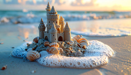 A meticulously crafted sandcastle fortress stands on the shore, its towers catching the warm glow of a setting sun.の素材