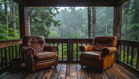 Two comfortable leather armchairs sit empty on a rustic wooden porch, offering a perfect vantage point to watch the gentle rain fall over a lush, green forest.の素材