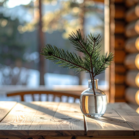 Golden morning light streams through a cabin window, illuminating a simple pine branch in a glass vase.の素材