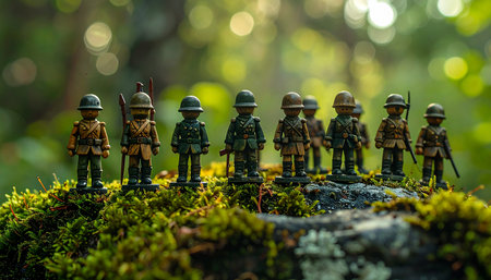 A platoon of miniature toy soldiers stands at attention on a moss-covered rock deep within a sun-dappled forest.の素材