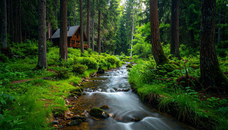 A gentle stream flows over mossy rocks through a vibrant, sun-dappled forest.の素材