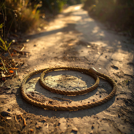 Two mysterious, hand-woven circles rest on a sun-dappled dirt path, left behind like an ancient symbol or a forgotten game.の素材