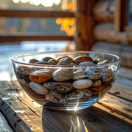 A clear glass bowl of smooth, water-covered river stones sits on a rustic wooden porch, bathed in the warm glow of the setting sun.の素材