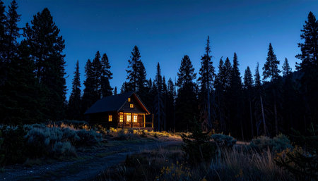 As twilight settles over the dense pine forest, a secluded wooden cabin offers a warm, inviting glow.の素材