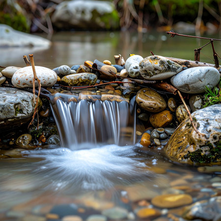 A small, gentle waterfall cascades over smooth stones in a tranquil forest stream.の素材