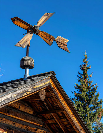 A handcrafted wooden windmill sits atop a rustic log cabin, its blades catching the breeze against a brilliant blue sky.の素材