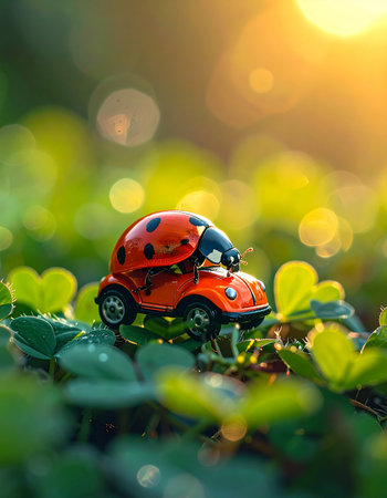 A tiny ladybug-themed car embarks on a grand adventure through a sun-drenched field of clovers.の素材