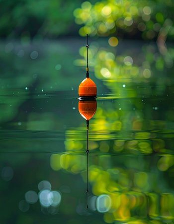 An orange fishing bobber sits perfectly still on the glassy surface of a tranquil lake, its reflection mirroring the quiet anticipation of a peaceful morning.の素材