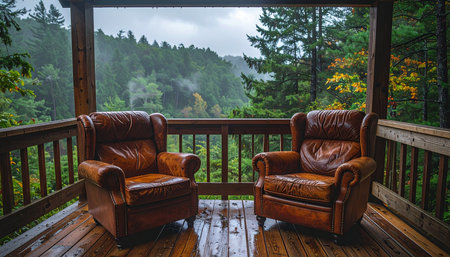 Two comfortable leather armchairs sit on a wet wooden porch, offering a front-row seat to the tranquil beauty of a misty forest.の素材