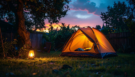 An inviting orange tent glows warmly from within, pitched in a quiet clearing as twilight paints the sky with soft colors.の素材