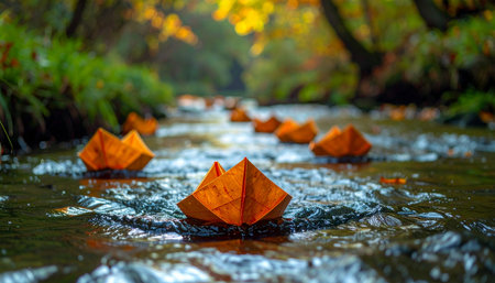A small fleet of origami boats, crafted from fallen autumn leaves, embarks on a whimsical journey down a gentle forest stream.の素材