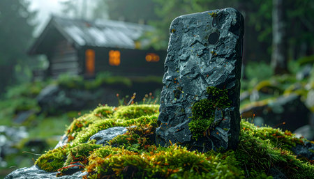 A warm, inviting light glows from the window of a secluded cabin, nestled deep within a misty, ancient forest.の素材