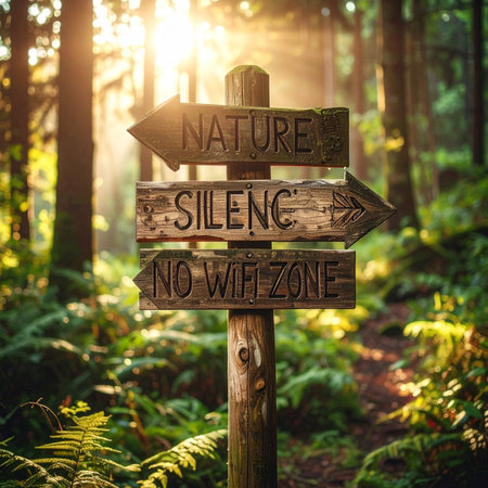 A rustic wooden signpost stands on a tranquil forest path, bathed in golden sunlight.の素材
