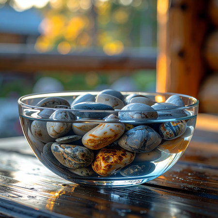 A collection of smooth, water-worn stones rests in a clear glass bowl, submerged in pure water.の素材