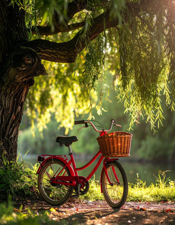 A classic red bicycle with a wicker basket rests peacefully under the graceful branches of a large willow tree.の素材