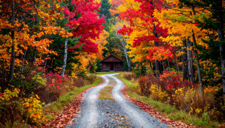 A winding gravel road disappears into a breathtaking display of autumn colors, leading the way to a secluded rustic cabin.の素材