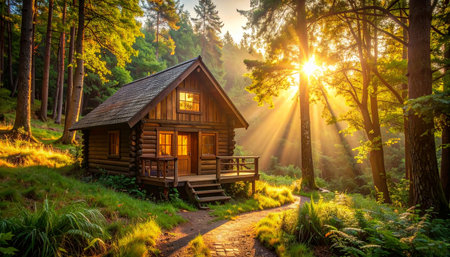 Golden sunbeams pierce through the dense forest canopy, illuminating a secluded log cabin nestled among the trees.の素材