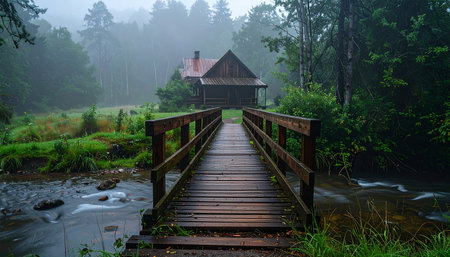 A wooden footbridge crosses a gentle stream, leading the way to a secluded rustic cabin nestled deep within a misty, atmospheric forest.の素材