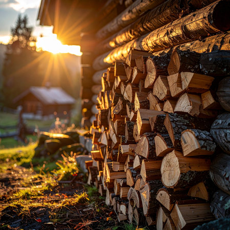 As the golden sun sets behind a rustic log cabin, a neatly stacked pile of firewood glows with warmth.の素材