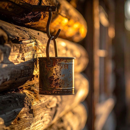An old, rusty tin can hangs from a simple hook on the rough-hewn wall of a log cabin.の素材