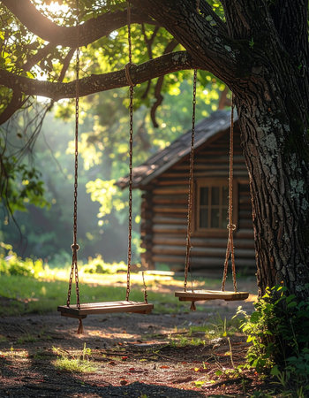 Golden morning light filters through the forest canopy, illuminating two empty swings hanging from an old oak tree.の素材
