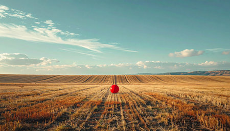 In the quiet expanse of a vast, golden harvested field, a single red hot air balloon stands ready.の素材