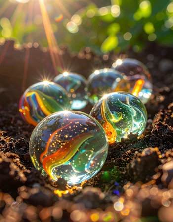 A collection of colorful glass marbles rests in the rich garden soil, illuminated by a warm, golden sunbeam.の素材