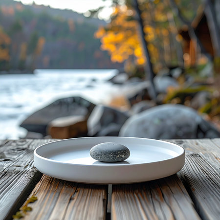 A single smooth stone rests in a simple ceramic dish on a weathered wooden deck, a quiet offering to the tranquil river and autumn forest beyond.の素材