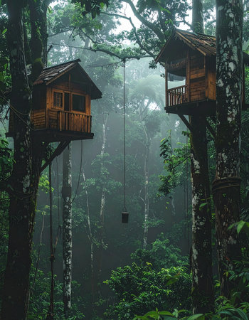 High above the forest floor, two wooden treehouse cabins face each other through a thick, mysterious mist.の素材