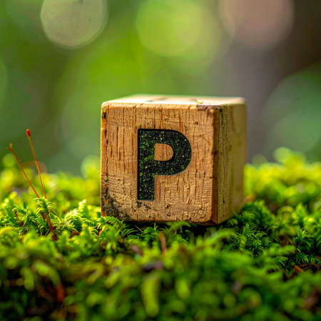 A single wooden block featuring the letter 'P' rests gently on a vibrant bed of green moss.の素材