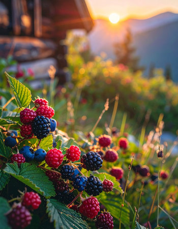 As the sun sets over the mountains, its warm golden light illuminates a cluster of ripe blackberries and raspberries.の素材