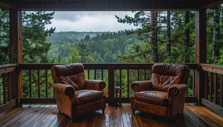 Two empty leather armchairs sit on a rustic wooden porch, waiting for occupants to enjoy the serene and peaceful view.の素材