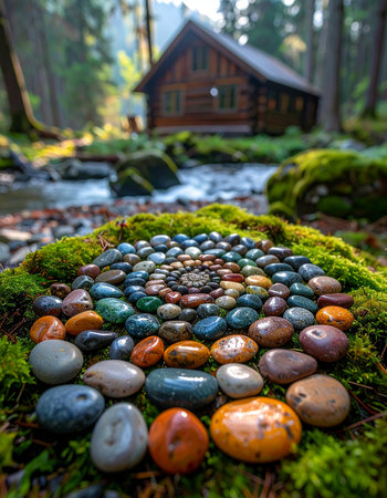 In a quiet corner of the woods, a colorful stone spiral rests on a mossy bank beside a clear stream.の素材