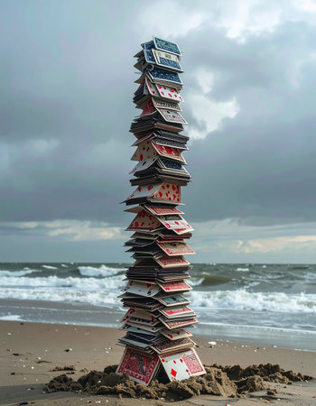 A towering house of cards stands precariously on a sandy beach, a fragile monument to ambition against the backdrop of a dramatic, stormy sea.の素材