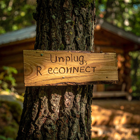 A rustic wooden sign nailed to a tree in a sun-dappled forest offers a gentle reminder to 'Unplug, Reconnect.の素材