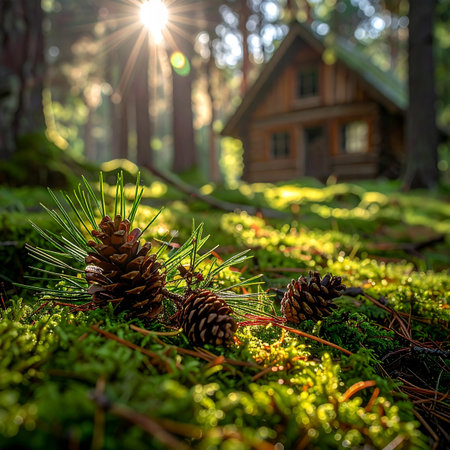 Golden morning light filters through the trees, illuminating pinecones scattered across a lush, mossy carpet.の素材