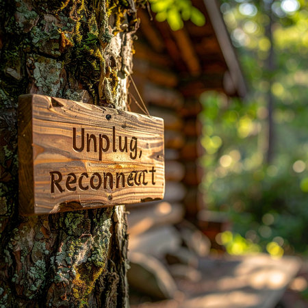 A welcome sign hangs on a tree at the entrance to a rustic forest cabin, offering a gentle reminder to 'Unplug, Reconnect.の素材