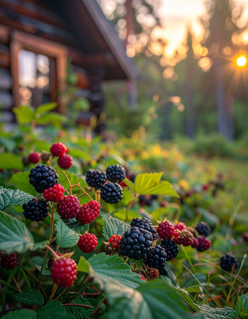 As the golden hour sun sets behind a rustic wooden cabin, a blackberry bush is laden with ripe and ripening fruit.の素材