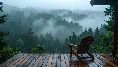 An empty Adirondack chair sits on a wet wooden deck, offering a front-row seat to a serene and moody landscape.の素材